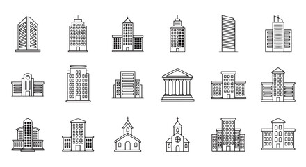 Collection of various building icons, including skyscrapers, government buildings, and churches, isolated on transparent background