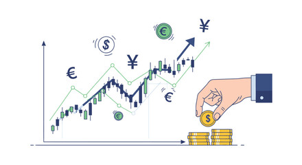 Financial Growth and Investment Concept with Rising Stock Market Chart, Currency Symbols, and Coin Stack Vector Illustration