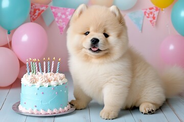 Birthday celebration with a fluffy dog home setting cute pet photography colorful balloons joyful atmosphere