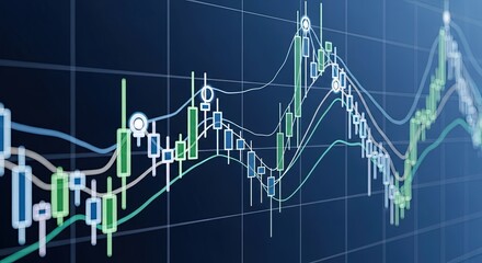 An abstract representation of a financial market trend, showcasing a candlestick chart with upward movement, set against a dark blue background, indicating growth and investment