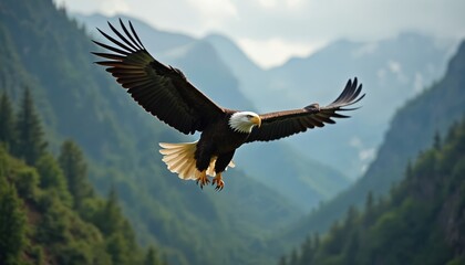 Bald eagle in flight over mountain range with green forest trees. Large bird soars in clear sky above hills, valleys. Majestic eagle flies with outstretched wings, sharp talons. Wildlife scene in