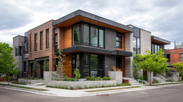 modern duplex with flat roofs, brick and metal cladding, overcast sky, photo taken at street level 