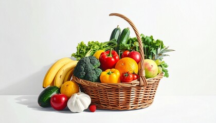 Wicker basket filled with fresh fruits and vegetables—set on white surface with white background