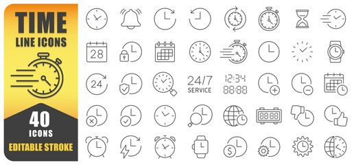 Time Line Icon Set. A Collection Of 40 Editable Stroke Thin Line Icons Representing Clocks, Watches, Timers, Calendars, And Schedules. Perfect For Time Management, 24 7 Service. Isolated Vector.