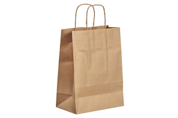 A single brown paper shopping bag with handles stands upright against a plain transparent background.