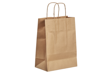 A simple brown paper shopping bag with twisted handles stands upright on a plain transparent background, showcasing its eco-friendly design and utilitarian purpose in a clear, bright studio light.