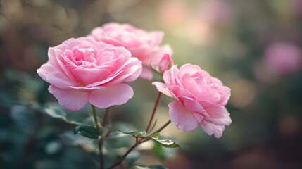 Delicate pink roses bloom in soft, diffused sunlight.