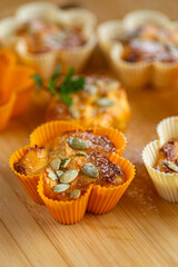 Rustic homemade muffins made from cottage cheese and seeds