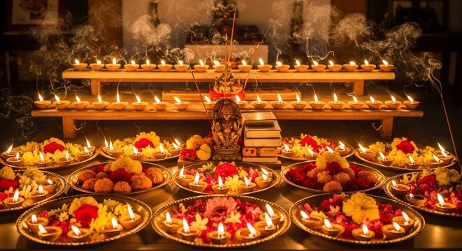 Lit diyas flowers  sweets adorn plates on tables with incense smoke wafting in a dimly lit warm setting