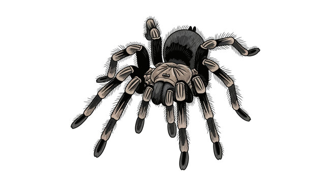 Detailed illustration of a large, hairy tarantula with striped legs, an arachnid known for its size and distinct features, isolated on a white background.