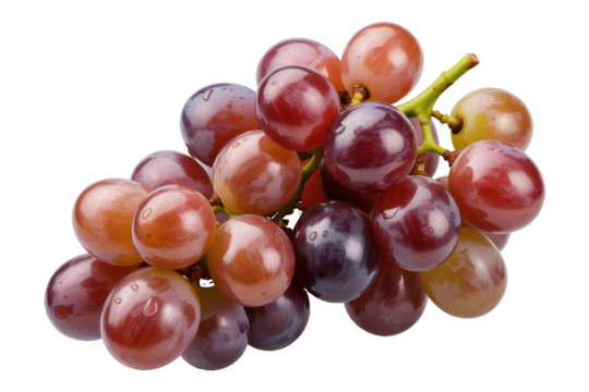 A cluster of ripe red and purple grapes on a stem, showcasing their round shapes and natural textures against a clean transparent background with soft studio lighting.