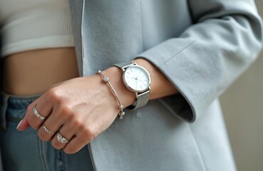 Young woman wears stylish silver watch on wrist with white dial and bracelets. Female hand adorned with rings and jewellery. Person dressed in grey jacket and white top.
