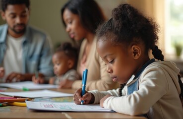 African American girl does homework at home. Little kid writes in copybook with pen. Family helps child with education at table. Parents and sibling assist with learning in background.