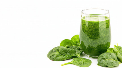 Refreshing green smoothie made with spinach, served in clear glass, surrounded by fresh spinach leaves, perfect for healthy lifestyle