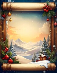 Winter landscape framed by a festive holiday border
