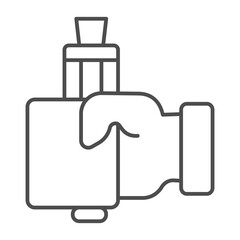 Vape device in hand thin line icon, vaping concept. Vector graphics. Hand with vape sign on white background, outline style icon for mobile or web design.