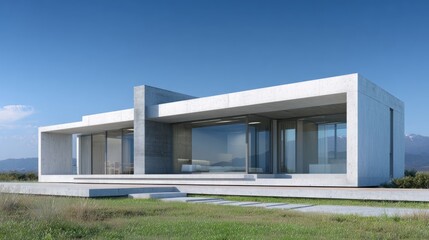 Fototapeta premium modern flat roof house, concrete and glass materials, blue sky background, real photo, ultra-realistic, 35mm lens, sunny day