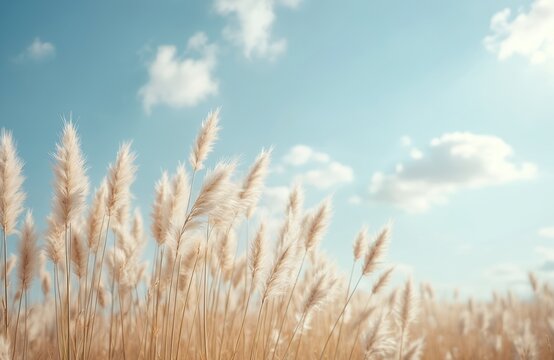 Pampas grass grows against a light blue sky background with white clouds. Golden field of tall decorative plants. Nature botanical photo creates calm and peaceful atmosphere.
