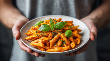 pasta with basil in a bowl, tomato, red pepper pieces, healthy food with vegetables, fresh organic nutrition