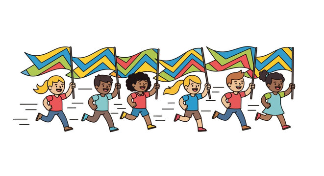 Enthusiastic youngsters joyfully parade onward with vibrant celebratory flags raised aloft