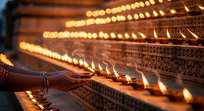 Lit diyas on steps hands bangles visible in foreground smoke rising