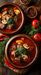 Buckwheat porridge with pieces of meat and mushrooms on a dark wooden background. Top view.