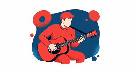Acoustic Melody Man: Red-Clad Guitarist in a Harmonious Blue Environment Illustration