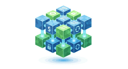 Isometric illustration showcasing blockchain technology and secure digital connectivity