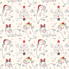 Naklejka premium A seamless pattern with horses. Two dancing horses in Christmas hats. The horse is lying in reindeer antlers. In the background are stars and a Christmas tree, a snowman, a mitten