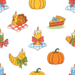 Cute Thanksgiving seamless pattern with turkey pie and pumpkin candles.