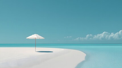 A solitary white umbrella shades a pristine beach beside turquoise ocean waves.