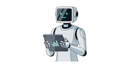 Cartoon illustration of a friendly robot analyzing growth charts on a digital tablet screen