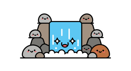 Whimsical waterfall illustration with cute rock characters and sparkling water elements