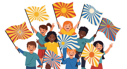 Group of cheerful children waving brightly colored flags in a show of national unity and celebration