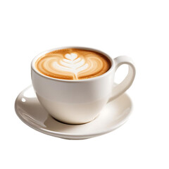 Artistic latte coffee cup with creamy foam and saucer