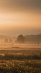 Fototapeta premium Vertical mobile wallpaper featuring a warm, golden sunrise illuminating a misty rural field with scattered trees and tall grass, creating a peaceful, natural background.