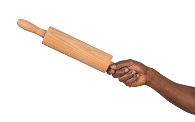 Man holding a rolling pin in hand, isoalted on white or transparent background
