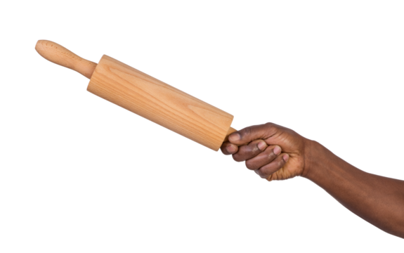 Man holding a rolling pin in hand, isoalted on white or transparent background
