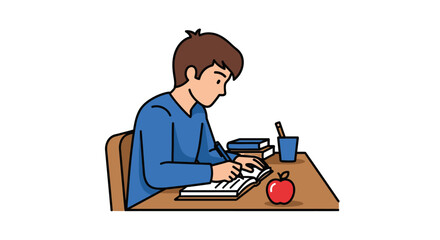 Boy deeply engrossed in studying with books, pen, and apple at the desk vector
