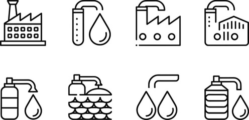 Outline Icons of Industrial Processes and Water Management factory building