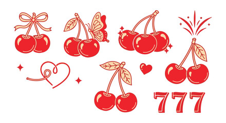 Vibrant cherry illustrations with decorative elements and lucky number seven isolated on transparent background