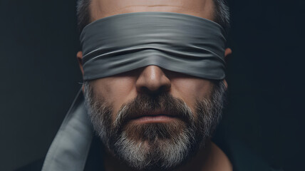 Blindfolded man symbolizing trust issues, mystery, or the unknown for editorial use