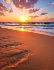 Vibrant sunset over calm ocean waves, reflecting on sandy beach