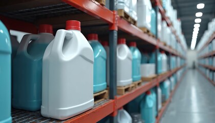 Large plastic bottles of cleaning solution on warehouse shelf. Bottles are white and blue with red caps. Industrial storage with cleaning supplies on red metal shelving.
