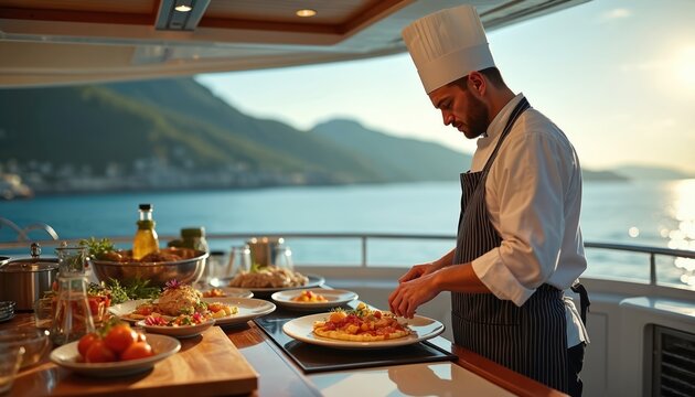 Chef prepares gourmet meal on luxury yacht deck at golden sunset. Man plates food, adds finishing touches to elegant dishes for fine dining experience. Beautiful sea, mountains, luxury cruise with