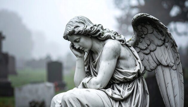 Weeping angel statue in misty cemetery