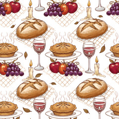 Festive Feast Seamless Pattern with Bread Wine and Fruit.