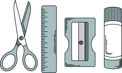 Scissors Ruler Pencil Sharpener Glue Stick Stationery Set vector illustration