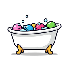 Bathtub with colorful bath bombs and bubbles.