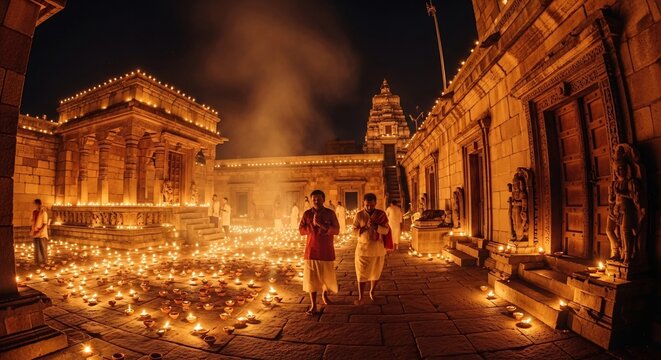 Night shot of temple illuminated by candles with two men in traditional garb walking towards camera